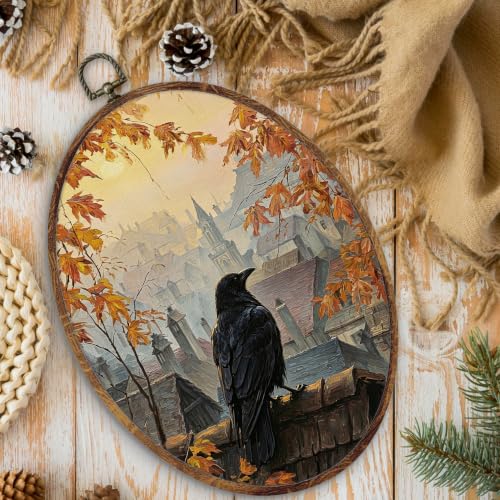 Crow Oval Wall Art Decor - Fall Nature Scene, 8.5x11 Inches, Wooden Frame