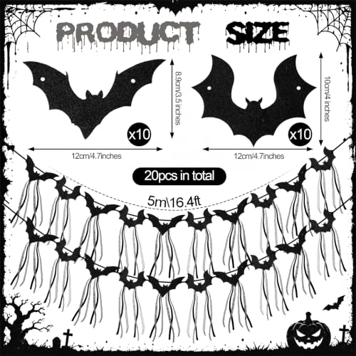 Halloween Bat Garland Set with Ribbons - Black Flying Bat Banners for Decorations