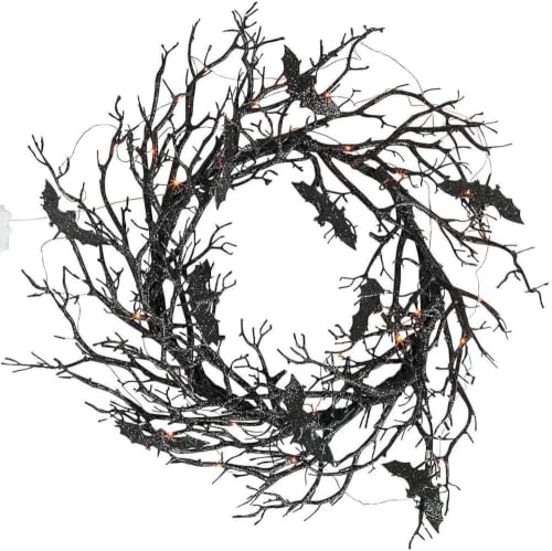 Black Bat Wreath with LED Lights - 26 Inch Halloween Door Decor