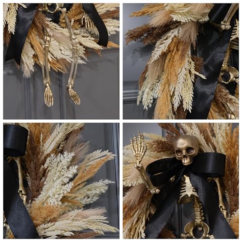 Halloween Wreath for Front Door 24 Inch with Skeleton, Faux Wheat & Pampas Grass, Black Bow - Indoor Outdoor Decor