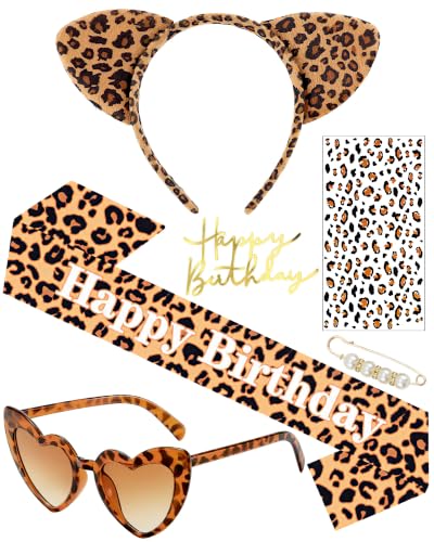 Leopard Print Birthday Sash and Animal Party Accessories Set for Women