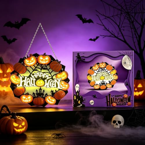 Lighted Halloween Wreath Sign - Pumpkin Acrylic Door Decoration, Black & Orange