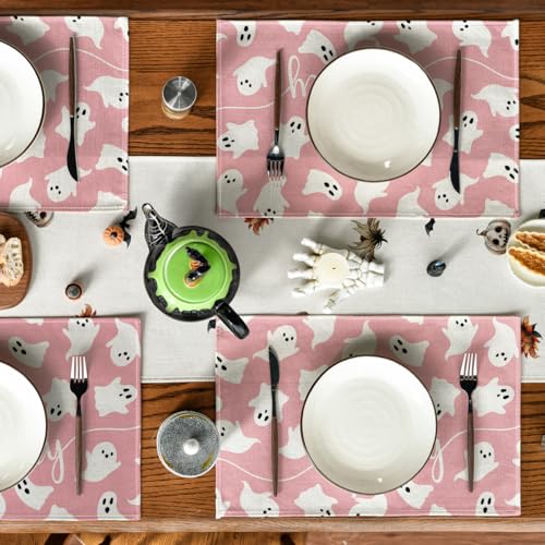Pink Ghost Halloween Placemats Set of 4 - 12 x 18 Inch Rectangular, Spun Polyester