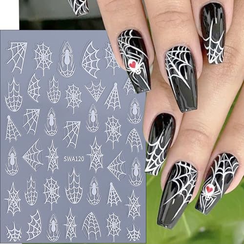 Halloween Nail Art Stickers Decals - 8 Sheets Spiders Webs Gold Silver Black White DIY Manicure