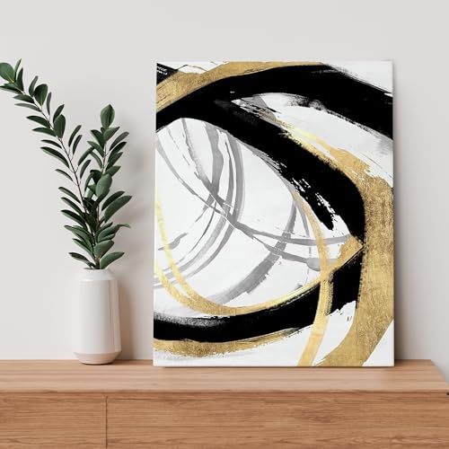 BearCake Black Gold and White Wall Art Set of 2 - 11x14 Inches Framed Abstract Decor - Motifs Black Gold White Variation