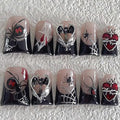 Halloween Luxury Press-On Nails Short Duck Style 1 with Spider Web Bat Charms - Black French Reusable Fake Nails