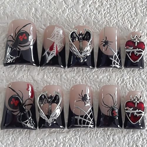 Halloween Luxury Press-On Nails Short Duck Style 1 with Spider Web Bat Charms - Black French Reusable Fake Nails