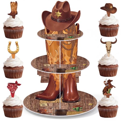 Cowboy Cupcake Stand with 24 Western Cake Toppers - Rustic 3 Tier Party Decor