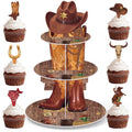 Cowboy Cupcake Stand with 24 Western Cake Toppers - Rustic 3 Tier Party Decor