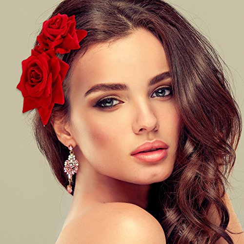Women Red Rose Flower Hair Clips - Flamenco & Party Side Comb Set