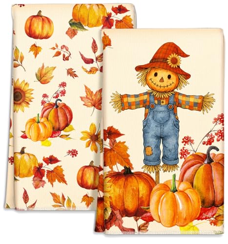 Fall Microfiber Kitchen Towels Set of 2 - Straw Pumpkin Off-White, Harvest Decor
