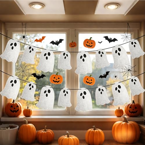 Halloween Ghost Banner Set - 2 Pcs Indoor Spooky Hanging Bunting with Glitter Ghosts - Pkg of 2
