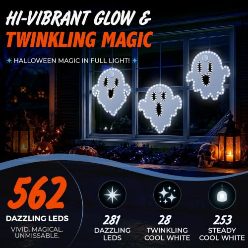 Halloween Ghost String Lights - 3 Pack Twinkling LED Silhouettes with Aluminum Frame - Indoor Outdoor Decorations - Variation of Ghosts