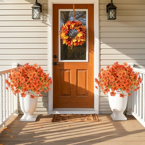 Artificial Fall Flowers Bundle - UV Resistant Mums for Outdoor Decor, 6 Pack