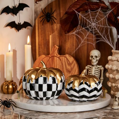 WDS WONDROUS Fall Pumpkin Decor Set - Black White & Gold Pumpkins for Home
