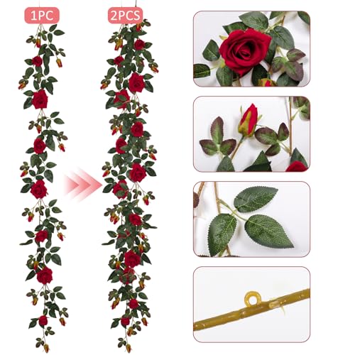 Artificial Red Rose Garland - 6FT Hanging Flower Vine for Wedding & Decor - Red, 1 Piece