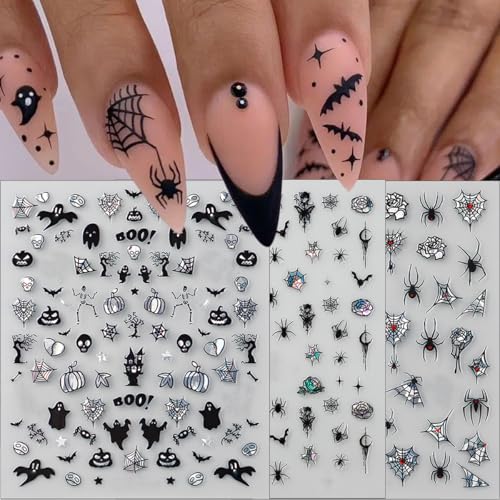 Halloween Nail Stickers Set 3D Spider Web Skull Ghost Skeleton Bat Spiders - Style 1