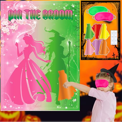 Pink Witch Party Poster Game with Reusable Broom Stickers - Kids Halloween Birthday Decorations