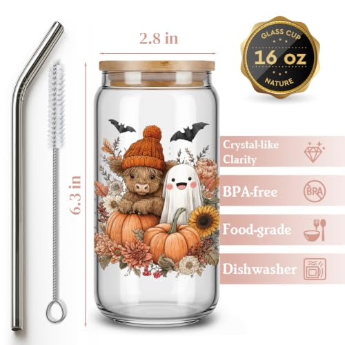 Halloween Highland Cow Glass Cup with Lid & Straw - Fall 16 Oz Iced Coffee Tumbler - Variation 14