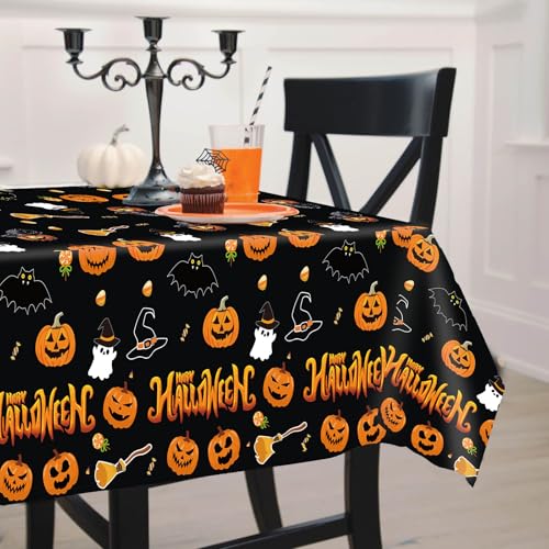 Halloween Tablecloth Rectangle 54x108 Inches - Black Disposable Plastic Cover - 3 Pack - Spooky Pumpkin Ghost Decor Variation