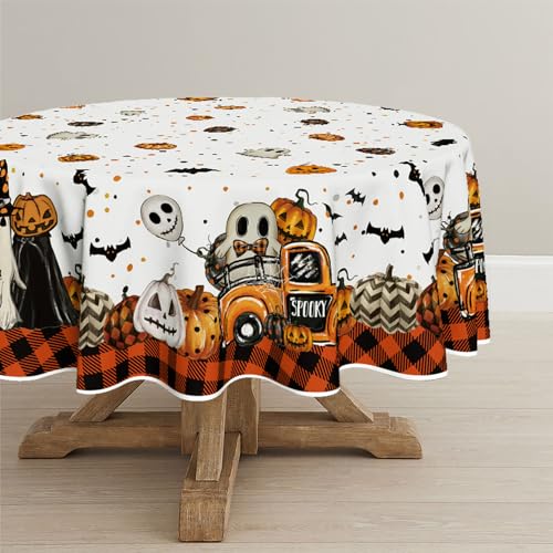 Halloween Tablecloth 70x70 Inch Round Buffalo Plaid Pumpkin Orange
