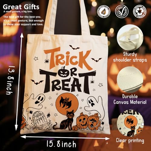 Halloween Trick Tote Bag - Reusable Canvas Ghost Candy Bag for Party & Gift