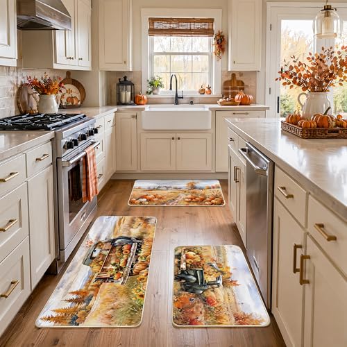 Fall Kitchen Rugs Set - Harvest Pumpkin Pickup Truck & Scarecrow Non Slip Burlap Mats - 3 Sizes
