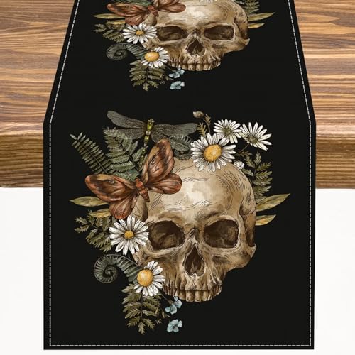 Halloween Skull Table Runner 13x36 Inches Gothic Skeleton Decor for Indoor Dining - Variation Skull-5