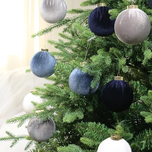 Velvet Christmas Ornaments Set - 12pcs 80mm Light Blue White Dark Blue Gray