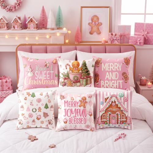 Pink Gingerbread Christmas Pillow Covers 6 Pack 18x18 Suede Holiday Decor