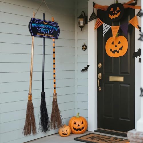 Halloween Broom Parking Sign with Wooden Witch Brooms - Outdoor Porch Decor