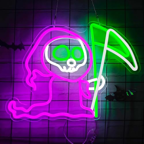 Halloween Grim Reaper Neon Sign with Swinging Scythe - Ghost LED Wall Decor