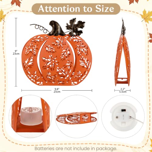 Lighted Metal Fall Pumpkins Decor Set - Orange & White, Rustic Autumn Accent with Leaf Shadows