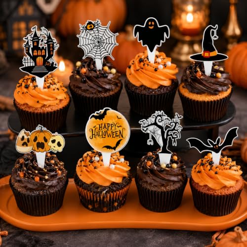 Halloween Cupcake Toppers Pack - Spooky Pumpkin, Black Cat, Bat & Ghost Decorations