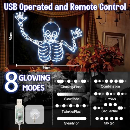 Halloween Skull Window Lights - Wrought Iron Skeleton Decor with 8 Lighting Effects & Timer, 21 Inch