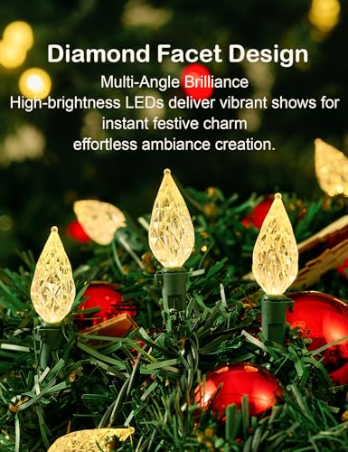 Outdoor Christmas String Lights 25ft 50 LEDs Faceted C6 Warm White