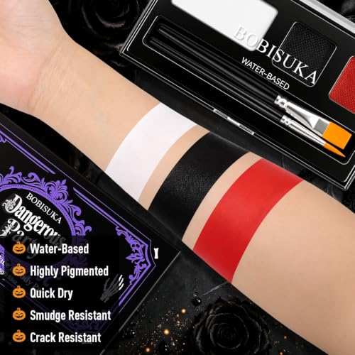 Water Activated Clown Face Body Paint Set - Black White Red with Dual Brushes - Variation 01