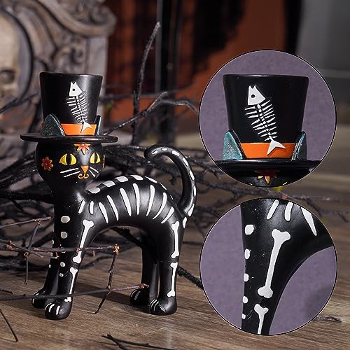 Halloween Cat Skeleton Statue - Sugar Skull Gothic Decor for Day of the Dead