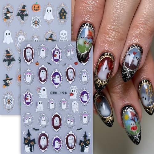 Mirror Ghost Halloween Nail Stickers 4 Sheets 3D Self-Adhesive Nail Art Decals
