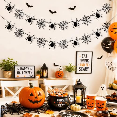 Halloween Spider Web Banner Garland - Felt Spiders & Webs, Indoor Outdoor Decorations