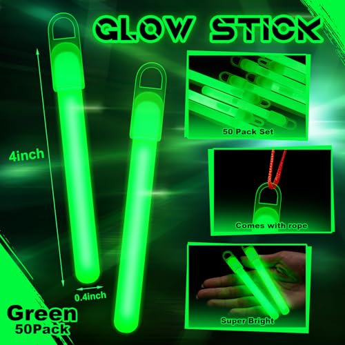 50 Green Glow Sticks Bulk with Lanyards - 4 Inch Light Up Party & Halloween Decor