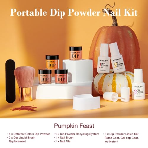 Dip Powder Nail Kit Starter Set - Orange Sparkle Fall Colors, No Lamp Needed
