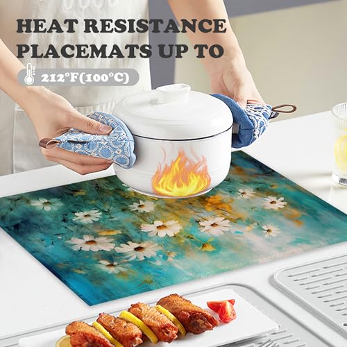 Retro White Daisy Floral Linen Placemats Set of 6 Heat Resistant Table Mats for Home & Dining