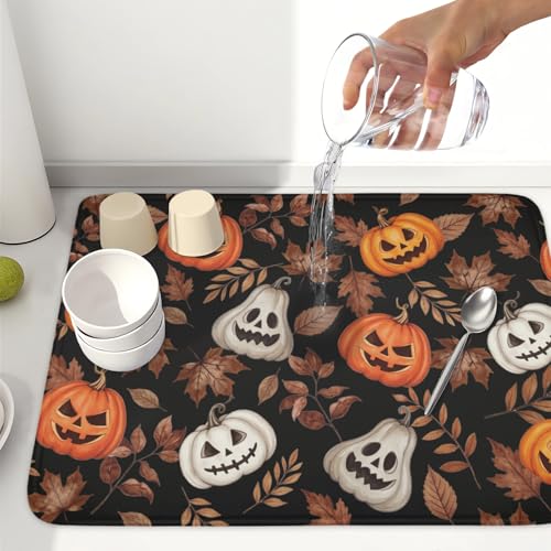 Halloween Maple Leaf Dish Drying Mat - Spooky Orange & White Pumpkin, 18x24 Inch, Reversible Microfiber Kitchen Counter Pad
