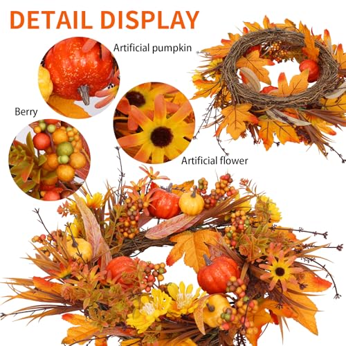 Autumn Fall Wreath for Front Door Decor - Orange Harvest Thanksgiving 19 Inches - PurpleSwan