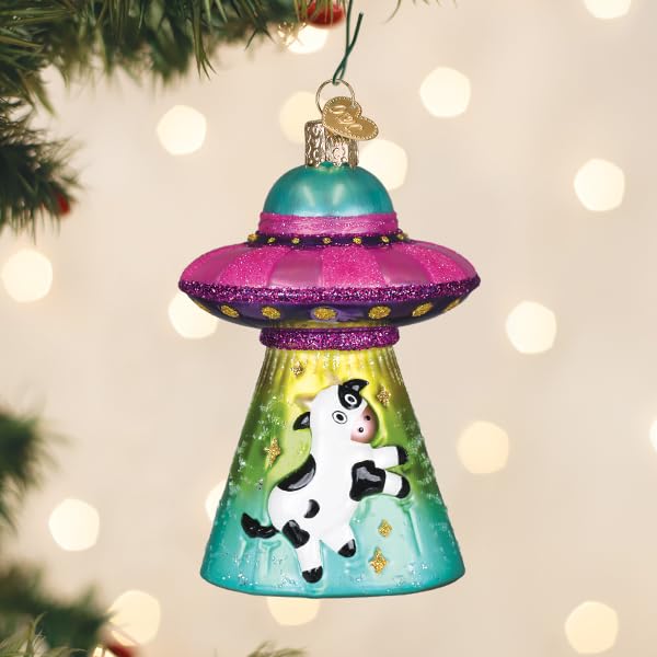 Whimsical Cow Abduction Christmas Ornament - Handcrafted Glass Holiday Decor