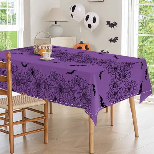Purple Halloween Spider Web Bat Tablecloth 60x120 Inches Washable Polyester Decor