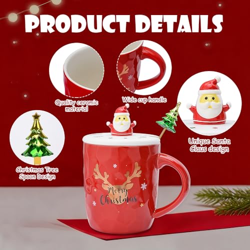 Red Santa Christmas Mug with 3D Lid and Spoon - 14oz Ceramic Holiday Coffee Cup