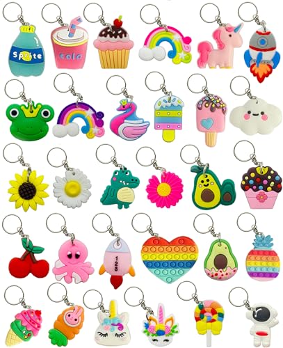 30 Pack Colorful PVC Keychains Bulk Set - Cute Bag & Backpack Charms for Gifts