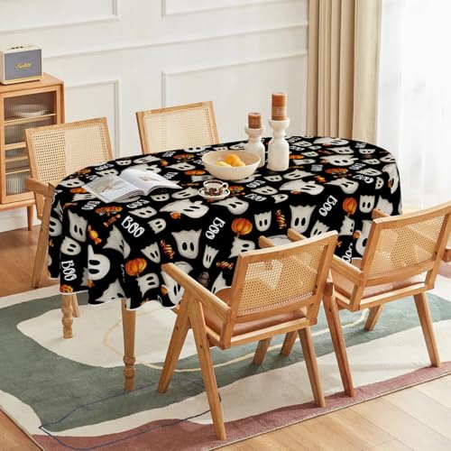 Halloween Tablecloth 60 x 84 Inch Oval Black Ghost Pumpkin Candy Decor